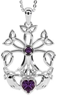 Alexandrite White Gold Claddagh Trinity knot Celtic Tree of Life Necklace