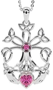 Pink Tourmaline White Gold Claddagh Trinity knot Celtic Tree of Life Necklace