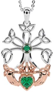 Emerald White Rose Gold Claddagh Trinity knot Celtic Tree of Life Necklace