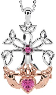 Pink Tourmaline White Rose Gold Claddagh Trinity knot Celtic Tree of Life Necklace