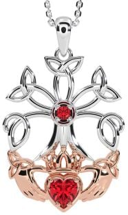 Ruby White Rose Gold Claddagh Trinity knot Celtic Tree of Life Necklace