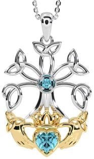 Aquamarine White Yellow Gold Claddagh Trinity knot Celtic Tree of Life Necklace