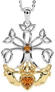 Citrine White Yellow Gold Claddagh Trinity knot Celtic Tree of Life Necklace