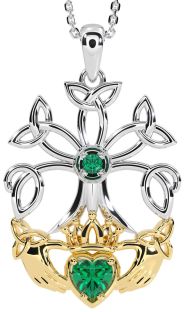 Emerald White Yellow Gold Claddagh Trinity knot Celtic Tree of Life Necklace