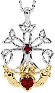 Garnet White Yellow Gold Claddagh Trinity knot Celtic Tree of Life Necklace