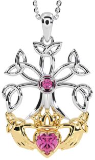 Pink Tourmaline White Yellow Gold Claddagh Trinity knot Celtic Tree of Life Necklace