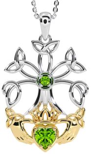 Peridot White Yellow Gold Claddagh Trinity knot Celtic Tree of Life Necklace