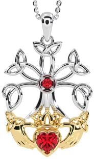 Ruby White Yellow Gold Claddagh Trinity knot Celtic Tree of Life Necklace