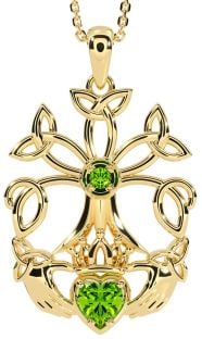 Peridot Gold Claddagh Trinity knot Celtic Tree of Life Necklace