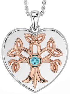 Aquamarine Rose Gold Silver Celtic Tree of Life Trinity Knot Heart Necklace