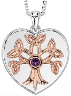 Alexandrite Rose Gold Silver Celtic Tree of Life Trinity Knot Heart Necklace