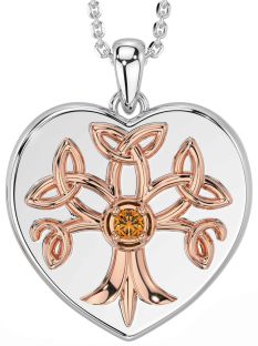 Citrine Rose Gold Silver Celtic Tree of Life Trinity Knot Heart Necklace