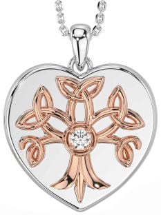 Diamond Rose Gold Silver Celtic Tree of Life Trinity Knot Heart Necklace