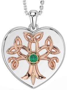 Emerald Rose Gold Silver Celtic Tree of Life Trinity Knot Heart Necklace