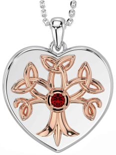 Garnet Rose Gold Silver Celtic Tree of Life Trinity Knot Heart Necklace