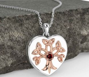 Garnet Rose Gold Silver Celtic Tree of Life Trinity Knot Heart Necklace