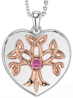 Pink Tourmaline Rose Gold Silver Celtic Tree of Life Trinity Knot Heart Necklace