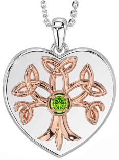 Peridot Rose Gold Silver Celtic Tree of Life Trinity Knot Heart Necklace