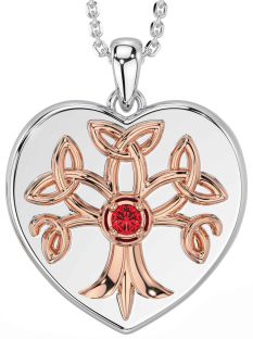 Ruby Rose Gold Silver Celtic Tree of Life Trinity Knot Heart Necklace