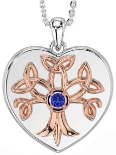 Sapphire Rose Gold Silver Celtic Tree of Life Trinity Knot Heart Necklace