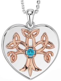 Topaz Rose Gold Silver Celtic Tree of Life Trinity Knot Heart Necklace