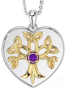 Amethyst Gold Silver Celtic Tree of Life Trinity Knot Heart Necklace