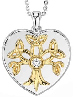 Diamond Gold Silver Celtic Tree of Life Trinity Knot Heart Necklace