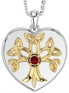 Garnet Gold Silver Celtic Tree of Life Trinity Knot Heart Necklace