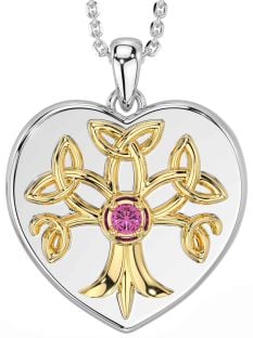 Pink Tourmaline Gold Silver Celtic Tree of Life Trinity Knot Heart Necklace