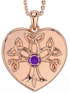 Amethyst Rose Gold Silver Celtic Tree of Life Trinity Knot Heart Necklace