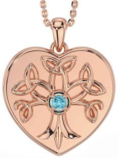 Aquamarine Rose Gold Silver Celtic Tree of Life Trinity Knot Heart Necklace