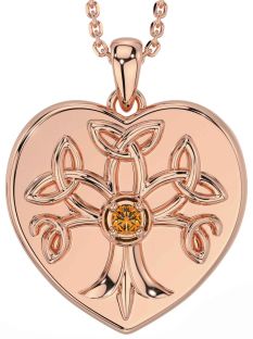 Citrine Rose Gold Silver Celtic Tree of Life Trinity Knot Heart Necklace