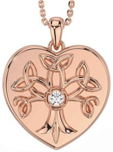 Diamond Rose Gold Silver Celtic Tree of Life Trinity Knot Heart Necklace