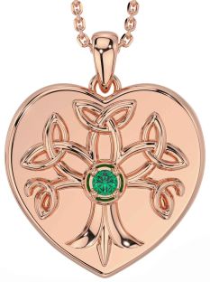 Emerald Rose Gold Silver Celtic Tree of Life Trinity Knot Heart Necklace