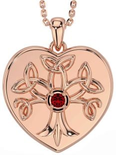 Garnet Rose Gold Silver Celtic Tree of Life Trinity Knot Heart Necklace