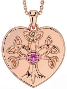 Pink Tourmaline Rose Gold Silver Celtic Tree of Life Trinity Knot Heart Necklace