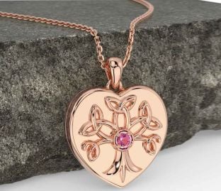 Pink Tourmaline Rose Gold Silver Celtic Tree of Life Trinity Knot Heart Necklace