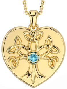 Aquamarine Gold Silver Celtic Tree of Life Trinity Knot Heart Necklace