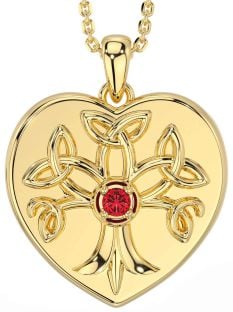 Ruby Gold Silver Celtic Tree of Life Trinity Knot Heart Necklace