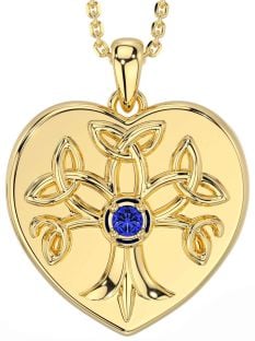 Sapphire Gold Silver Celtic Tree of Life Trinity Knot Heart Necklace