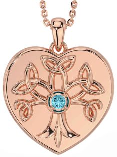 Aquamarine Rose Gold Celtic Tree of Life Trinity Knot Heart Necklace