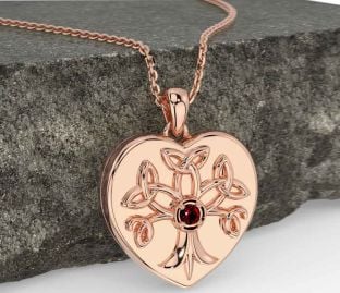 Garnet Rose Gold Celtic Tree of Life Trinity Knot Heart Necklace