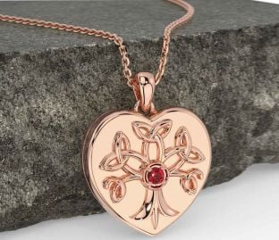 Rubi Rosa Ouro céltico Árvore de Vida Trindade Nó Coração Colar