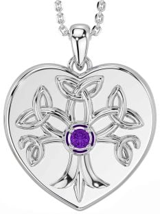 Amethyst Silver Celtic Tree of Life Trinity Knot Heart Necklace