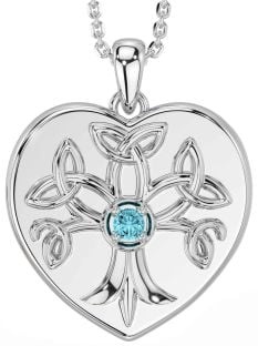 Aquamarine Silver Celtic Tree of Life Trinity Knot Heart Necklace