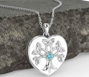Aquamarine Silver Celtic Tree of Life Trinity Knot Heart Necklace