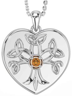 Citrine Silver Celtic Tree of Life Trinity Knot Heart Necklace