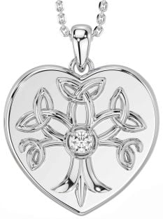 Diamond Silver Celtic Tree of Life Trinity Knot Heart Necklace