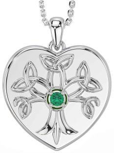 Emerald Silver Celtic Tree of Life Trinity Knot Heart Necklace