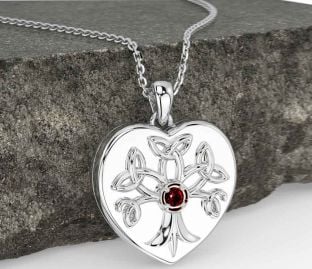 Garnet Silver Celtic Tree of Life Trinity Knot Heart Necklace
